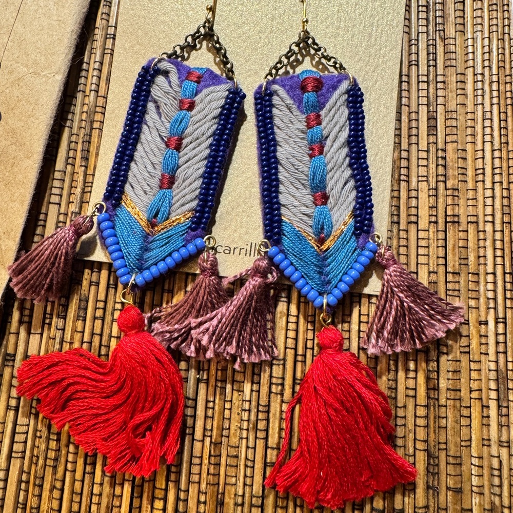Hand embroidered Bohemian Tassel Earrings with Red and Blue by Mexican Artist